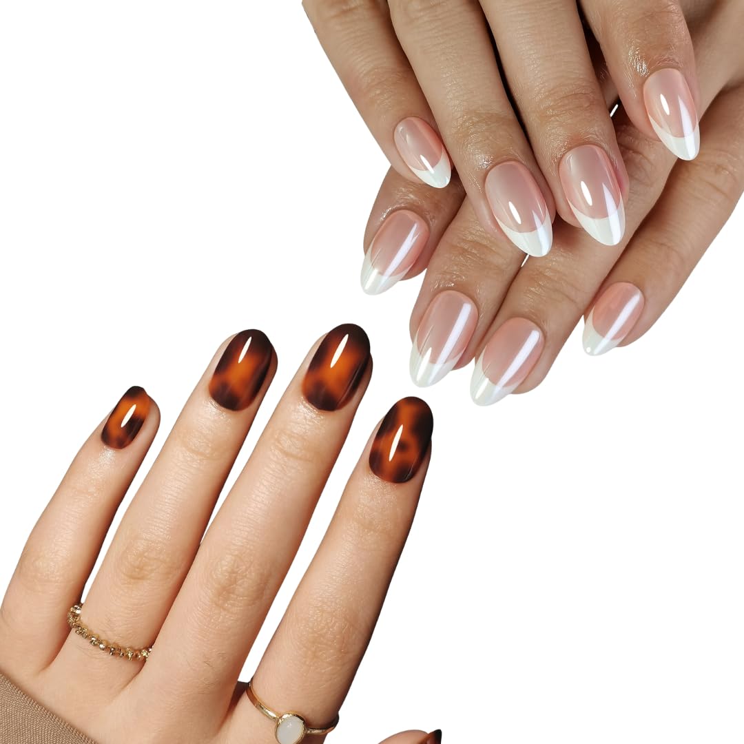 Press On Nail Bundle - Tortoise & French Toast 32 Nail Kit + Glue & Tools Reusable Short Almond Nail Kits