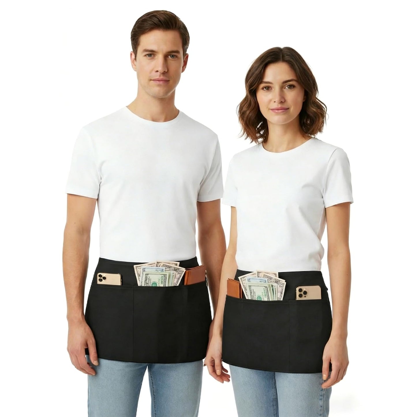 BOHARERS Cotton Server Aprons 3 Pack Waiter Waitress Apron Short Apron with Pockets Restaurant BBQ 12 Inch Black