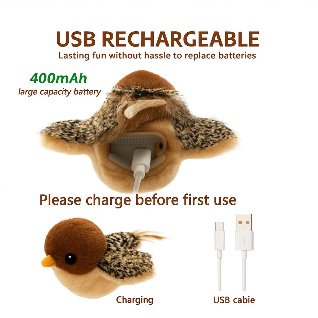 CKFPS Flying Bird Cat Toy (Not a Flying Bird) – Interactive Flappy Bird Toy for Indoor Cats, USB Rechargeable with Real Feathers, Chirping Sounds & Remote Control