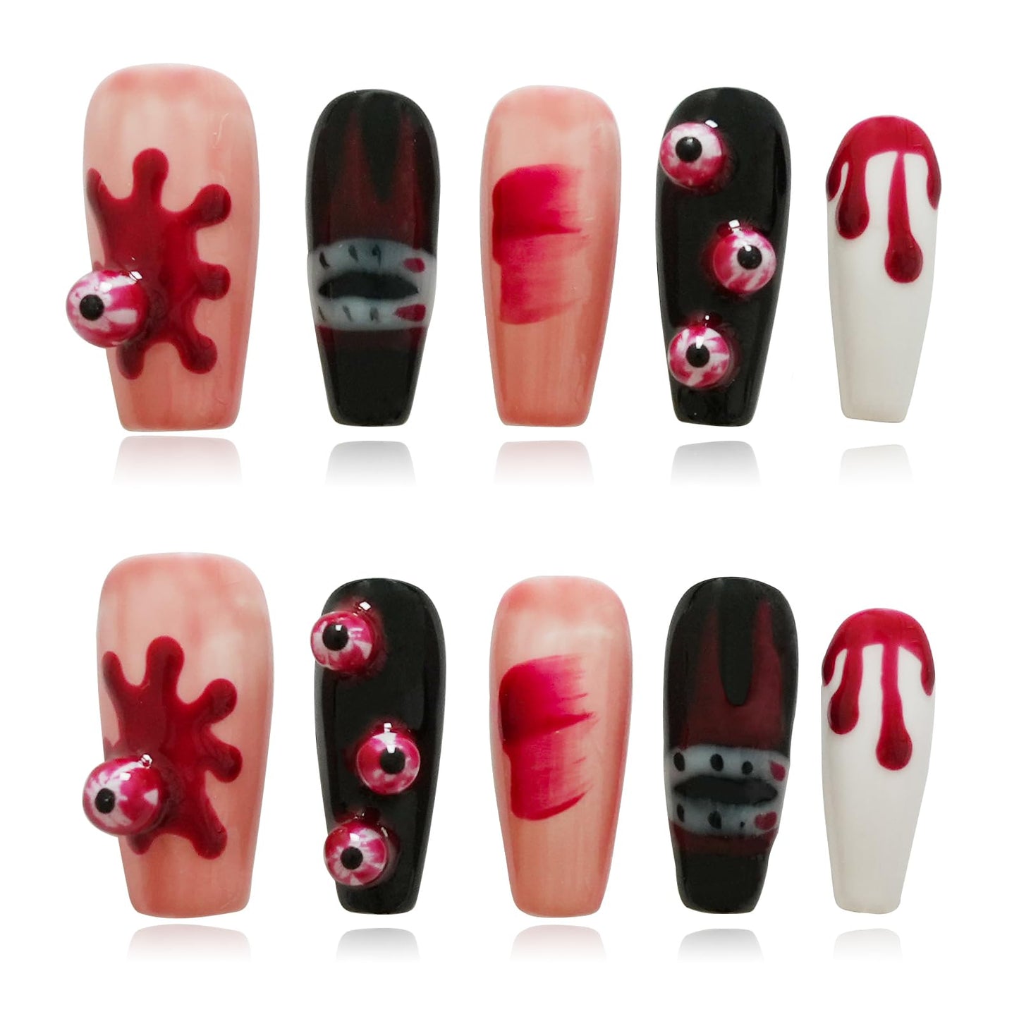 Tesytto Handmade Press on Nails Long Coffin - 3D Eyeballs with Red Drops Design, Multi-Layer Gel Acrylic Nails for Parties, Halloween (Vampire Eyes,M)