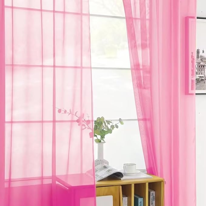 SpaceDresser Basic Rod Pocket Sheer Voile Window Curtain Panels Pink 1 Pair 2 Panels 52 Width 108 Inch Long for Kitchen Bedroom Children Living Room Yard（Pink, 52W x 108L）