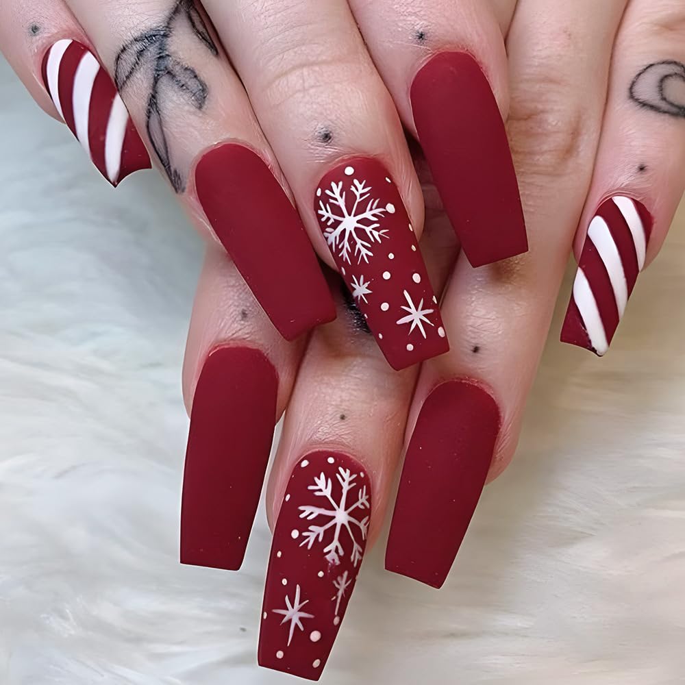Christmas Press on Long Coffin False Nails Red Matte with Design Snowflake White Stripe Glue on Full Cover Winter Xmas Acrylic Stick on Nails for Women Manicure 24 Pcs