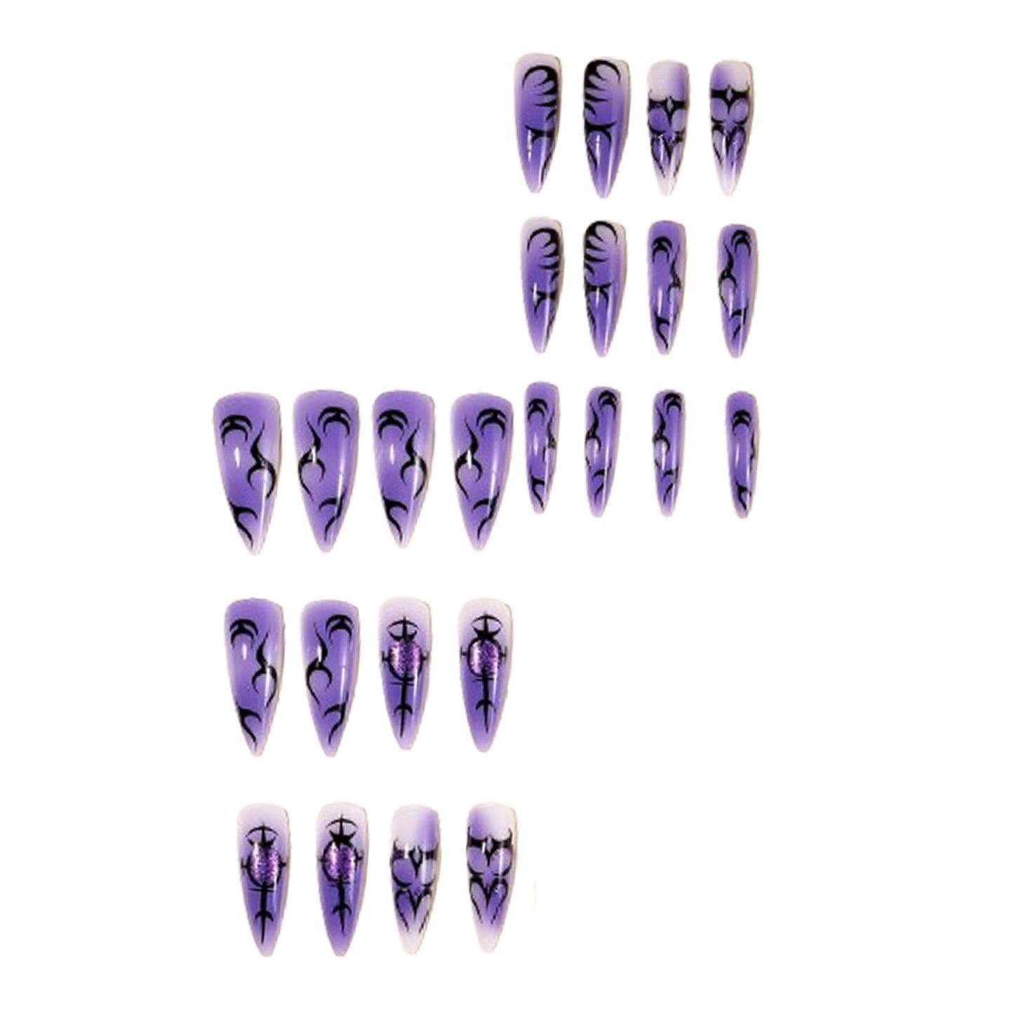 SINHOT Stiletto Press On Nails - Long Fake Nails, Glossy Finish, Purple Ombre & Black Pattern, DIY Nail Art - 24 Pcs Nail Kit with Glue