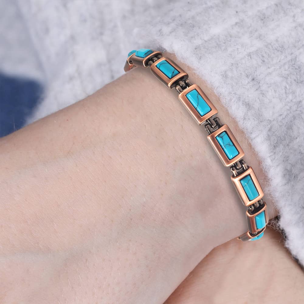 EnerMagiX Copper Bracelets for Women, 7.48inch Adjustable Blue Turquoise Magnetic, Fashion Jewelry Present (0170)