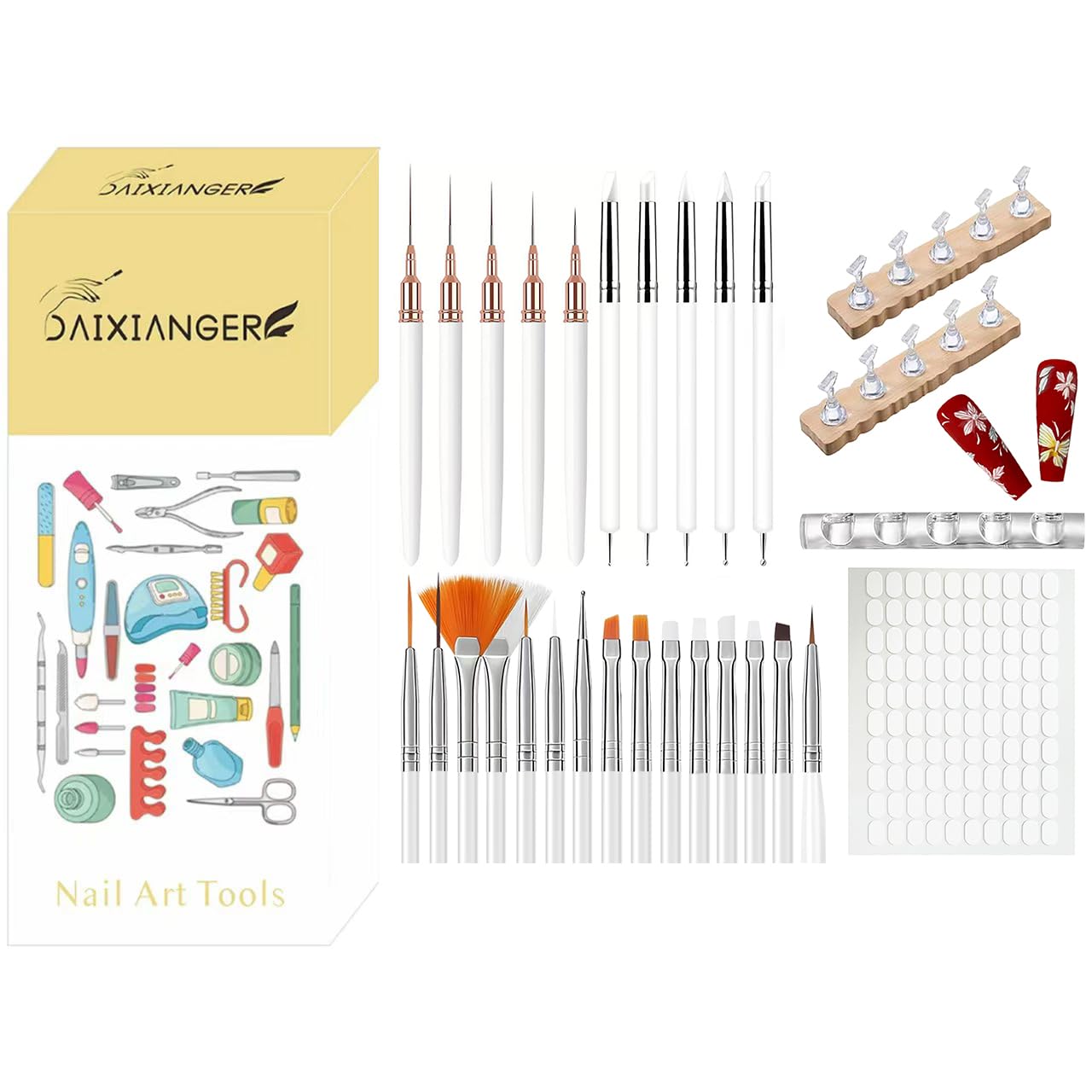 39Pcs Nail Art Brush & Practice Tool Kit, White Nail Art Brushes with Nail Practice Stands & Brush Holder, Professional Manicure Accessories for Nail Art Painting, Sculpting & DIY Manicure