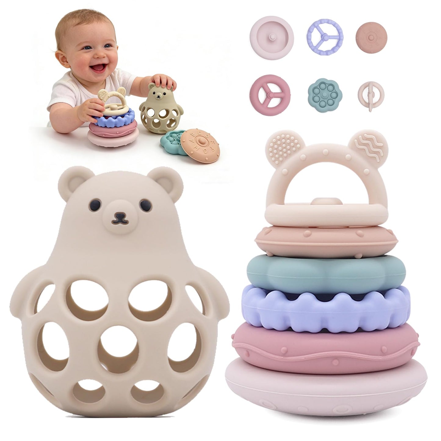 CuddleCubs Creations Baby Bear Teething & Stacking Toy Set - Teething Toys Silicone Teethers, Soft Baby Stacker Rings Teether, Learning Toy Gift for Boys and Girls 6+ Months (Beige)