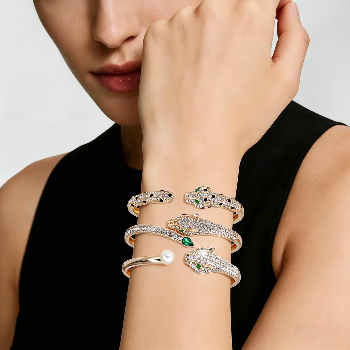 6PCS Gold Designer Bangle Bracelet Set for Women, Wild Luxury Animal-Pattern Design Style, Zinc Alloy with Cubic Zirconia, Stackable, Ideal Gift for Birthday Christmas Valentine's Day Mother's Day