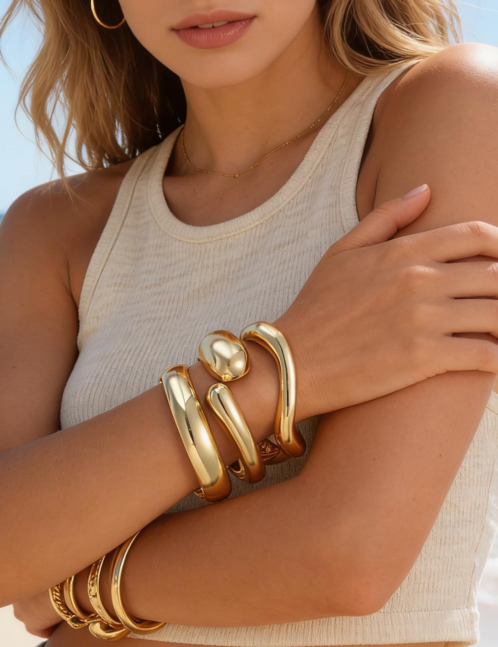 Chunky Gold Bangle Bracelets for Women, Dainty 14k Gold Plated Big Stackable Bangles Set, Trendy Statement Cuff Bracelet Stack Fashion Jewelry Gifts (Chunky gold wave bangles)