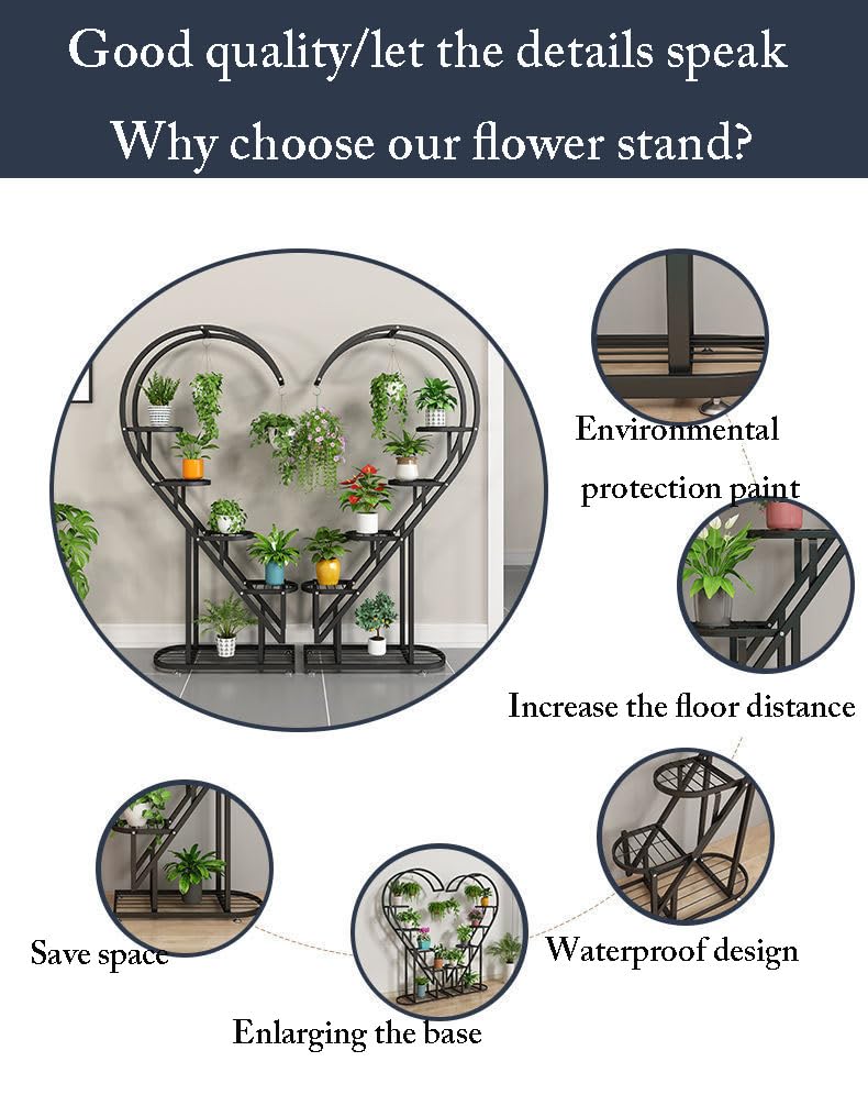 Eiwitany Floor-Standing Wrought Iron Flower Stand Installation Simple Load-Bearing Strong Home Living Room Balcony Heart-Shaped Shelf (Black)