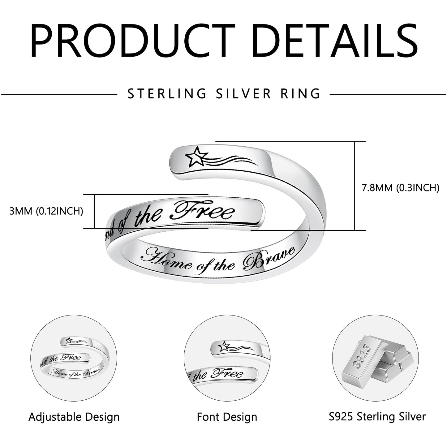 JXJL S925 Sterling Silver Inspirational Jewelry Rings Adjustable Ring Personality Encouragement Gift for Teens Women
