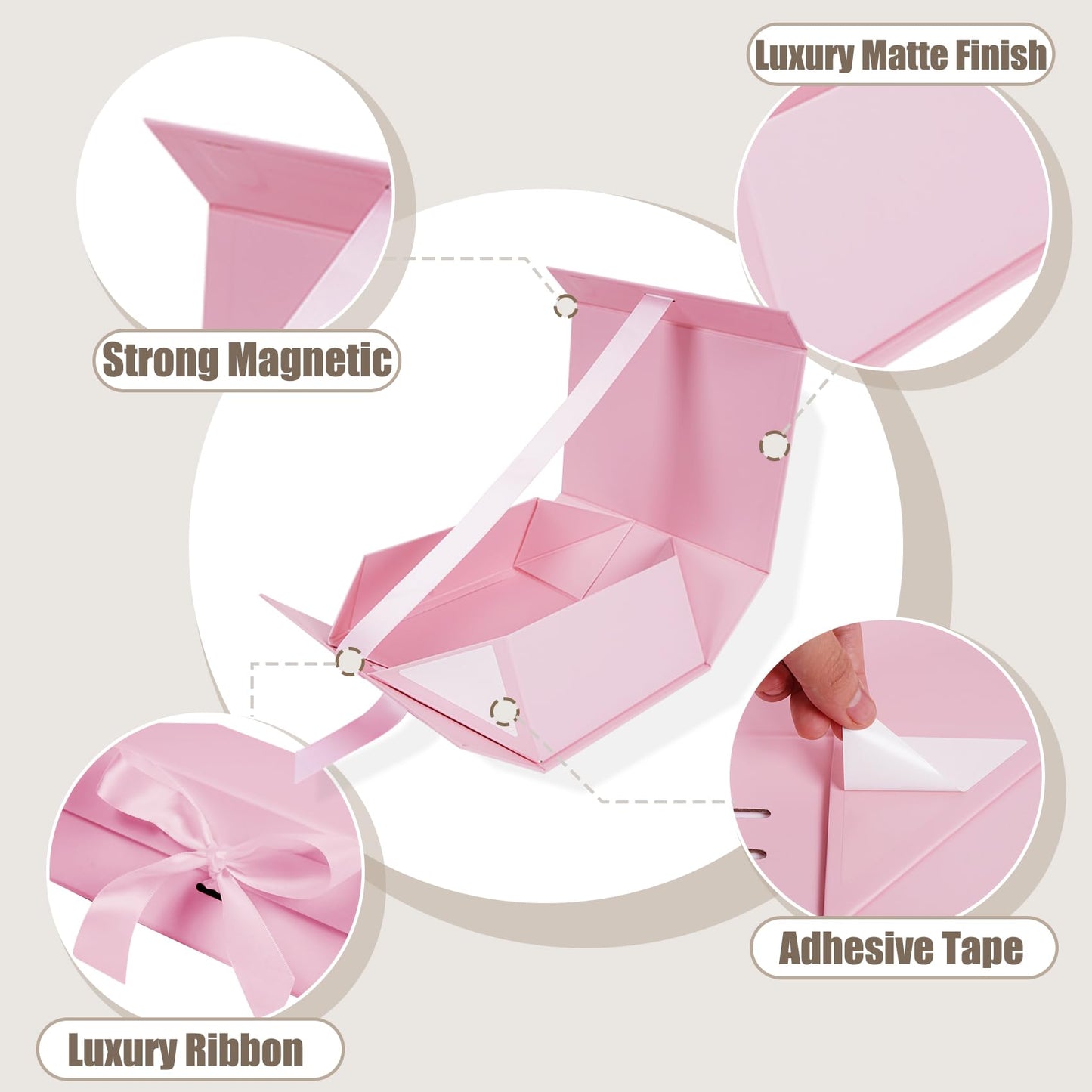 Aimyoo 5 Pack Pink Gift Box with Ribbon, 8.6x6.7x3.4 inch Groomsman Proposal Box for Presents with Magnetic Closure Lids, Rectangle Collapsible Luxury Box for Wedding, Christmas, Halloween, Birthday
