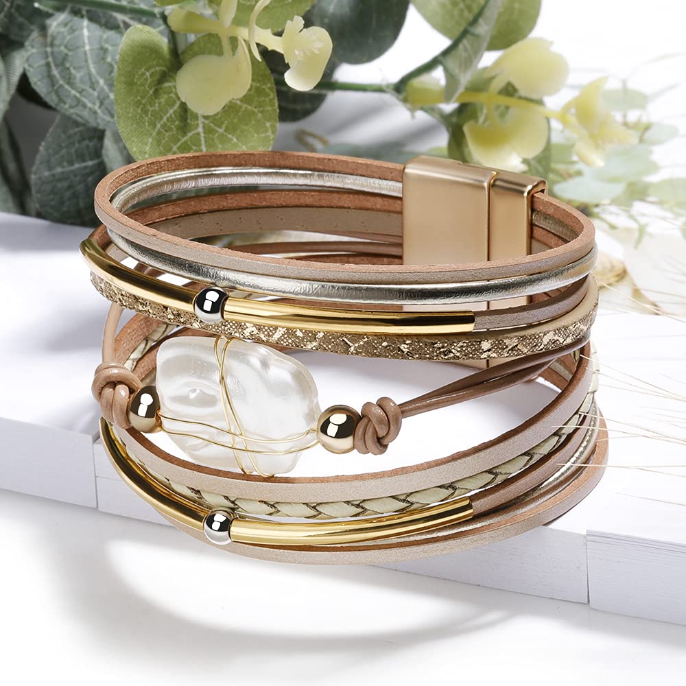 Fesciory Leopard Bracelet for Women, Boho Leather Wrap Multi-Layer Pearl Crystal Bracelet Bangle Jewelry(Leather(Pearl))