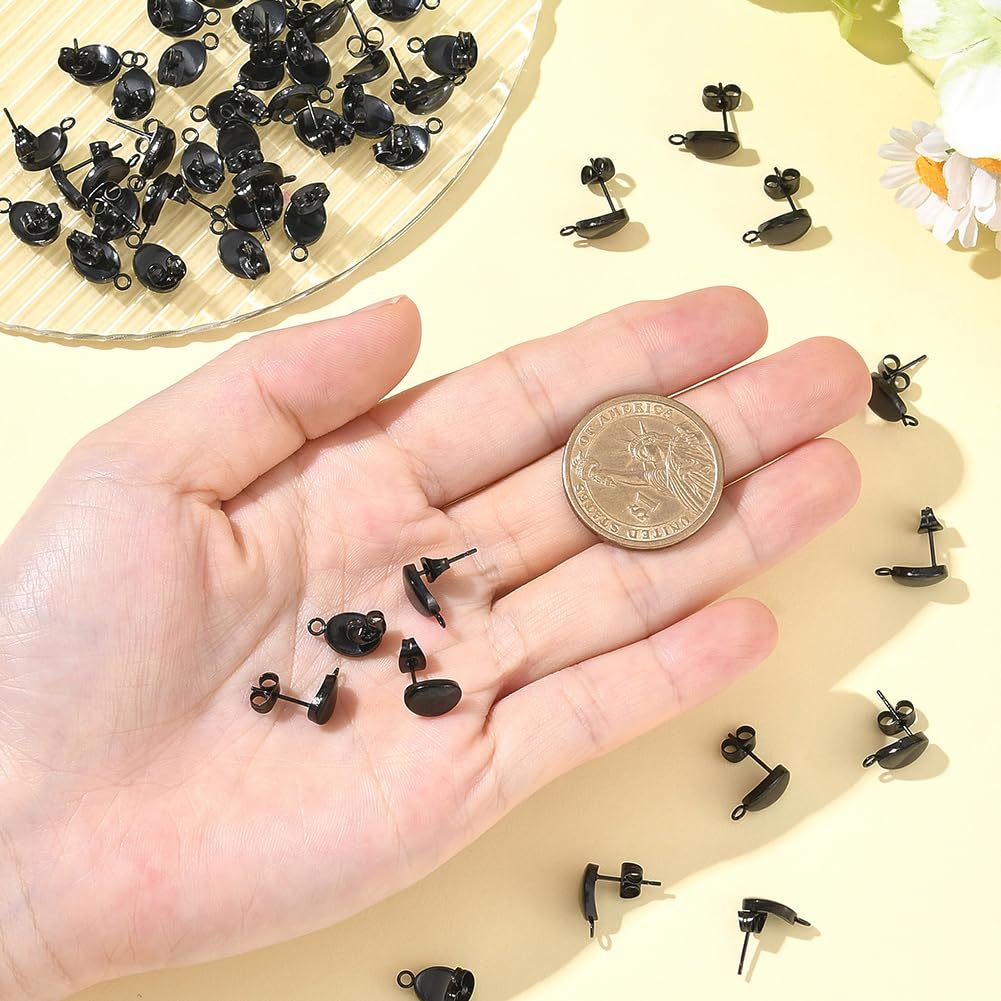 Beebeecraft 1 Box 50Pcs Flat Round Ear Studs 304 Stainless Steel Black Stud Earring Findings for Women Earring Making Supplies