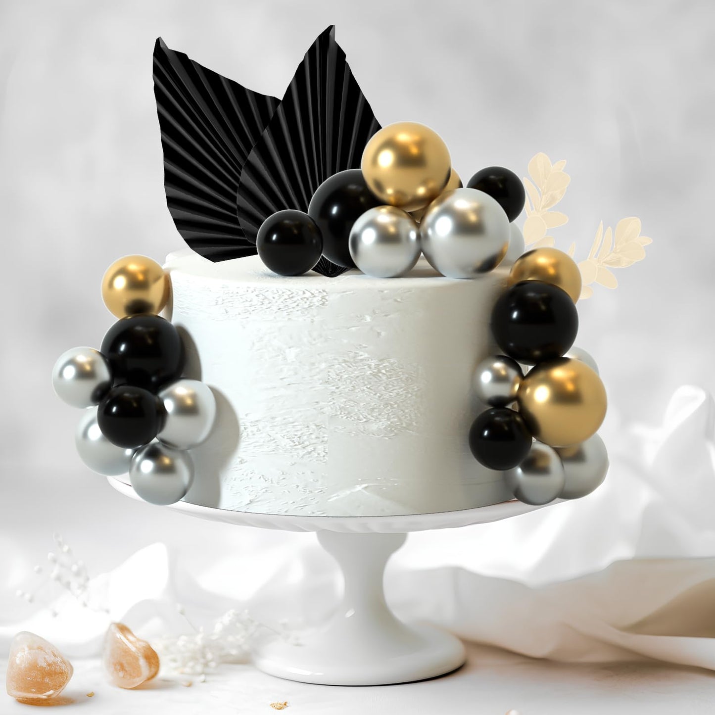 NEBURORA 60 Sheets Black Tissue Paper Bundles 64 Pcs Balls Cake Toppers and Leaves Decoration for Halloween Party,Blcak Party Decoration