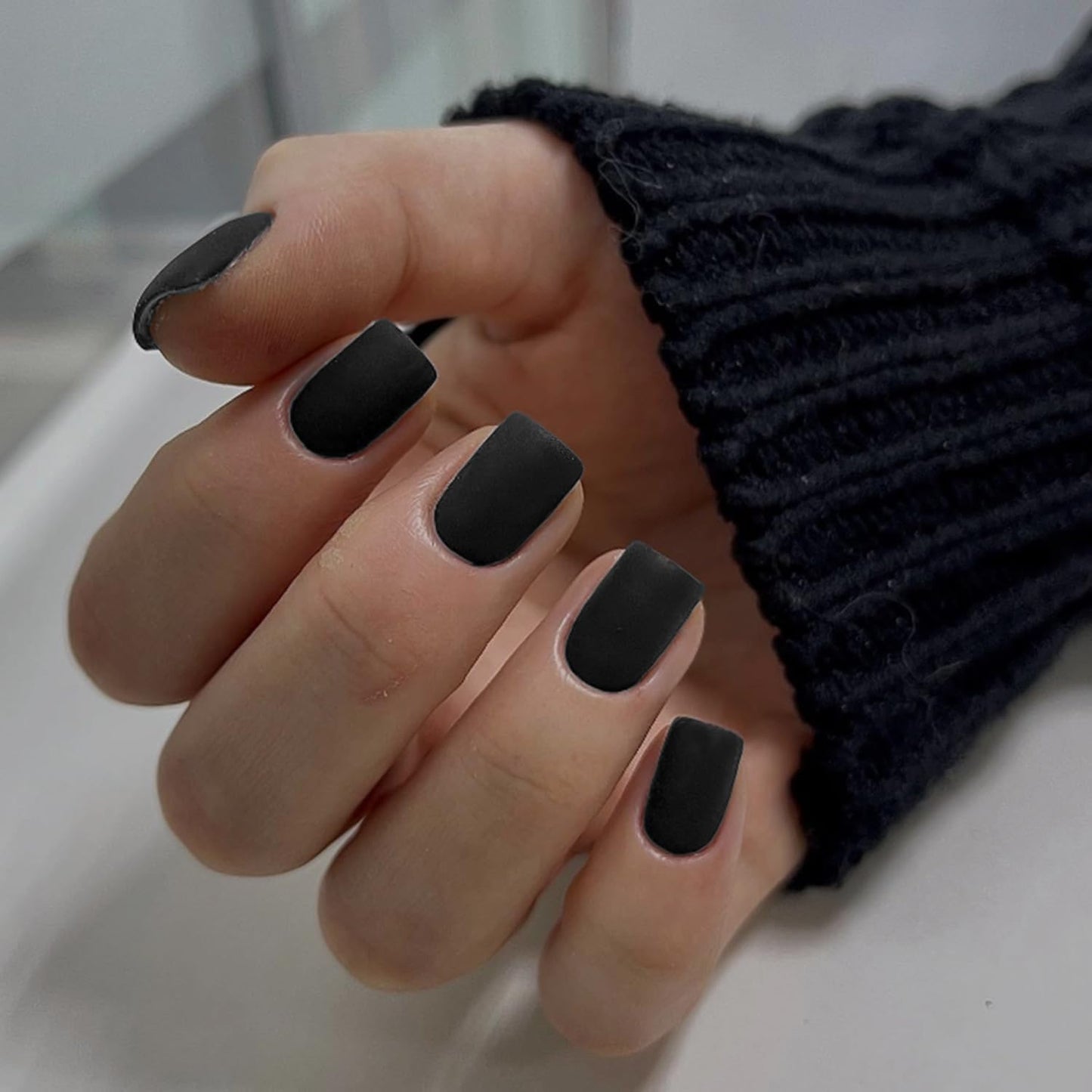 Matte Black Press on Nails Short Square Fake Nails Short Square Nails Press ons, Soft Gel Acrylic Glue on Nails Stick on for Women Thick Solid Color 24pcs