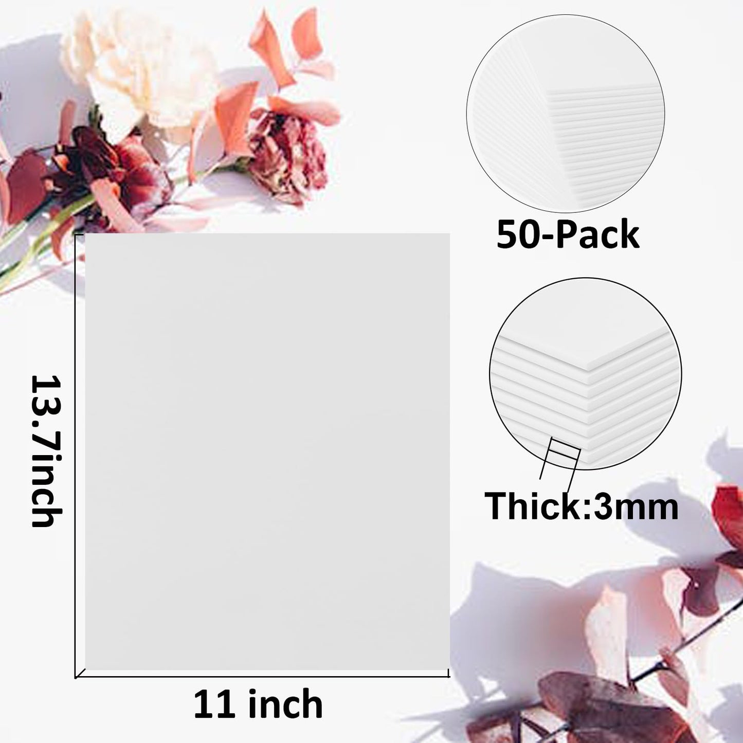 50 Pack White Foam Board for Projects, 11 x 13.7Inch Foam Core Baking Board Mat Board Center, 1/8Inch Thick Polystyrene Foam Sheet for School, Presentation, Signage & Art Crafting