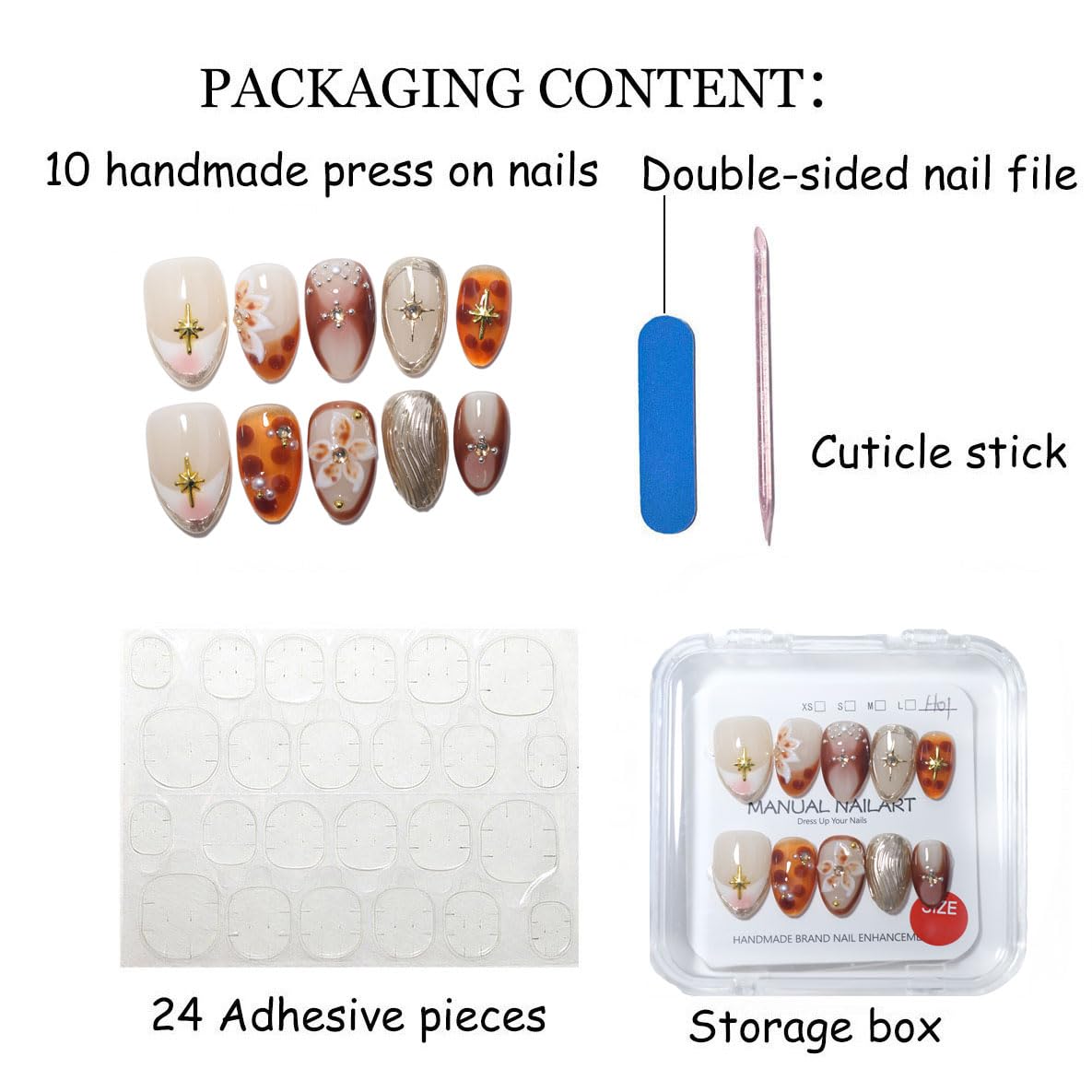 10 Pcs Short Almond Handmade Press On Nails | Amber Gradient with Gold Starburst & 3D Floral Accents | Reusable, Easy to Apply & Remove, Salon-Quality Manicure (RR15, XS)