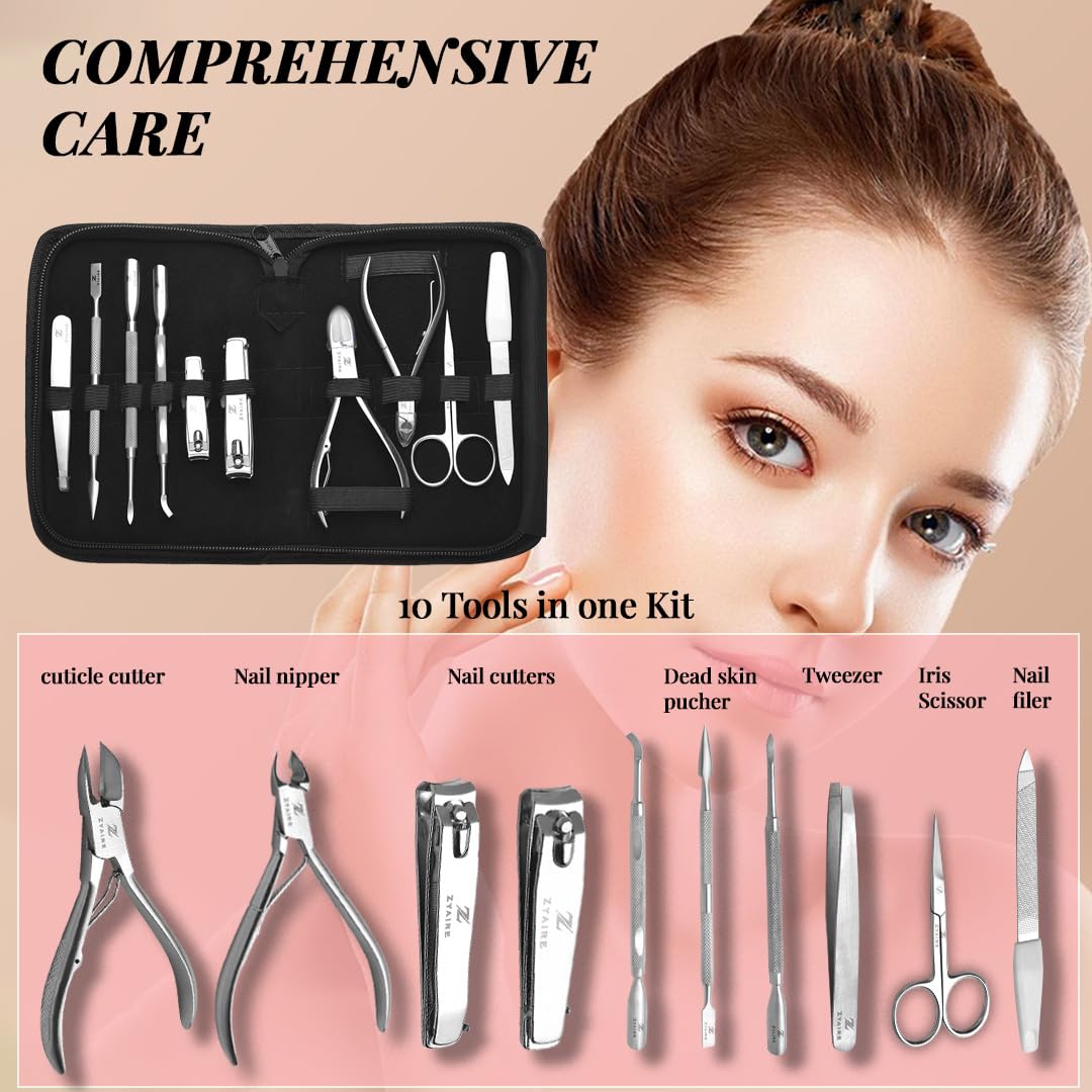 Manicure Pedicure Set - 10-in-1 Stainless Steel Grooming Kit, Personal Care Tools, Nail Nipper, Cuticle Cutter, Scissors, Tweezers, Blackhead Remover, Nail File & Case (Black)
