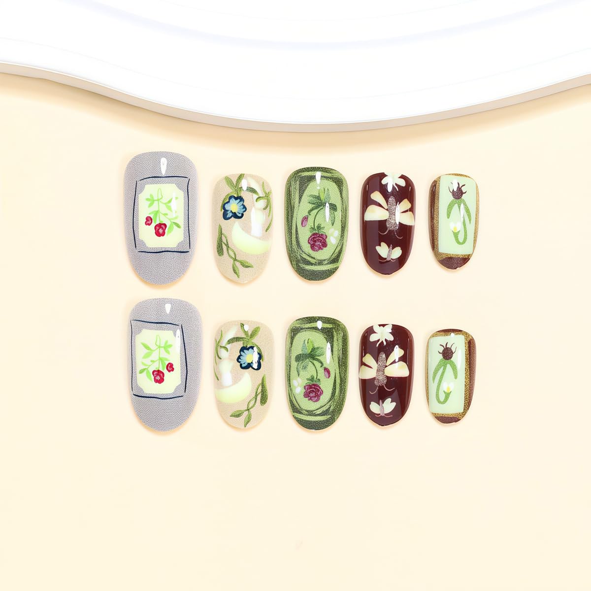 Short Oval Press on Nails - Dragonfly, Flower & Botanical Oil Painting Design, Full Cover Glossy Fake Nails 24PCS for Women Manicure