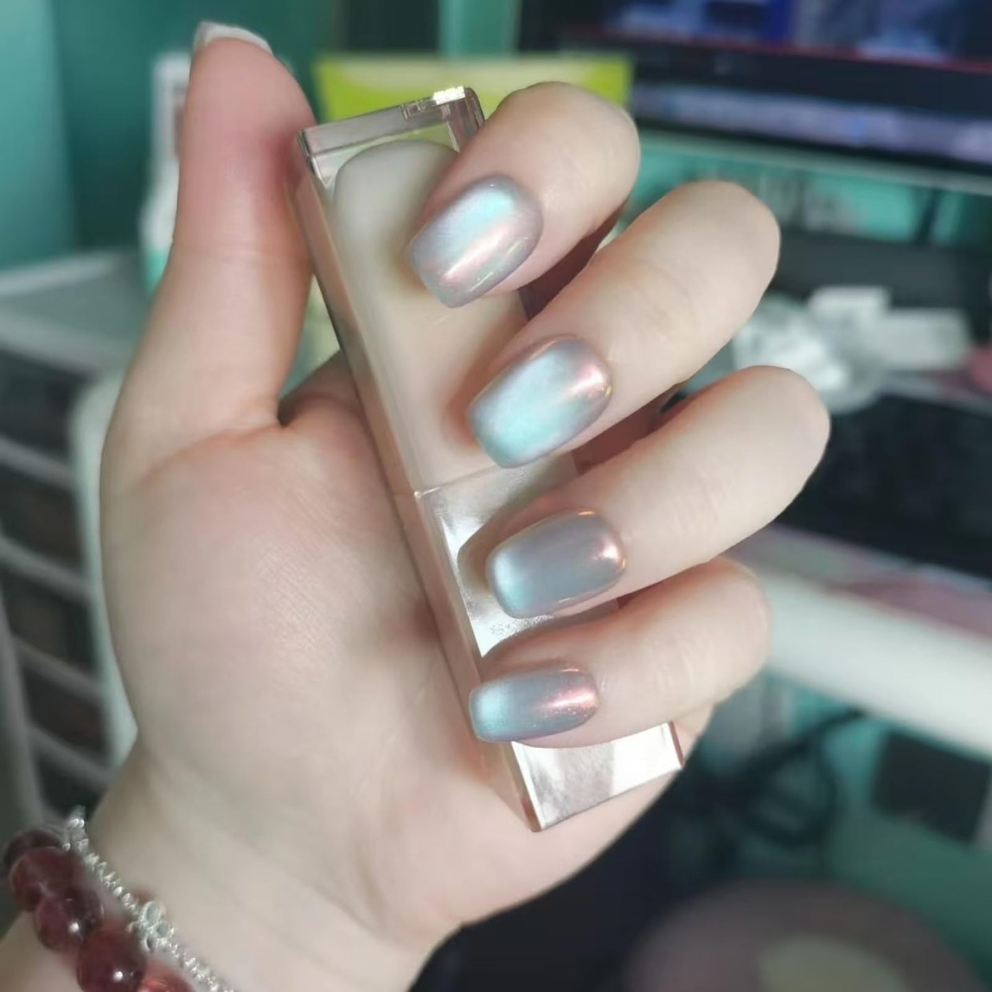 Cat Eye Press on Nails Handmade Short Oval/Square/Round False Nails with French Tip/Aurora/Magnetic Shimmer Designs (Aurora#Square Sunset River, Large)