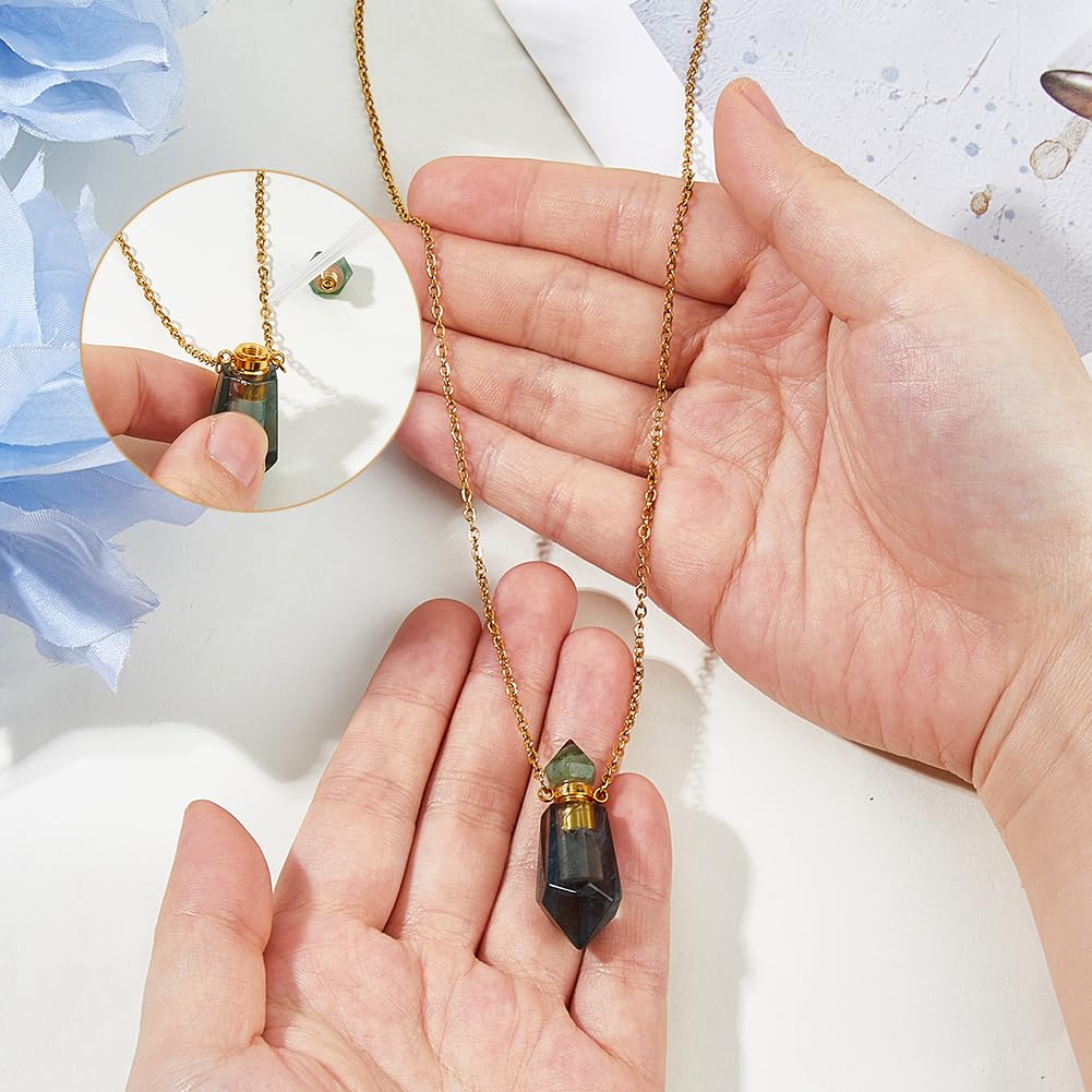 SUPERFINDINGS Essential Oil Diffuser Necklace Aromatherapy Diffuser Necklace Natural Fluorite Stone Perfume Bottle Pendant Hexagonal Pointed Perfume Bottle for Men Women Daily Focus Yoga Gifts