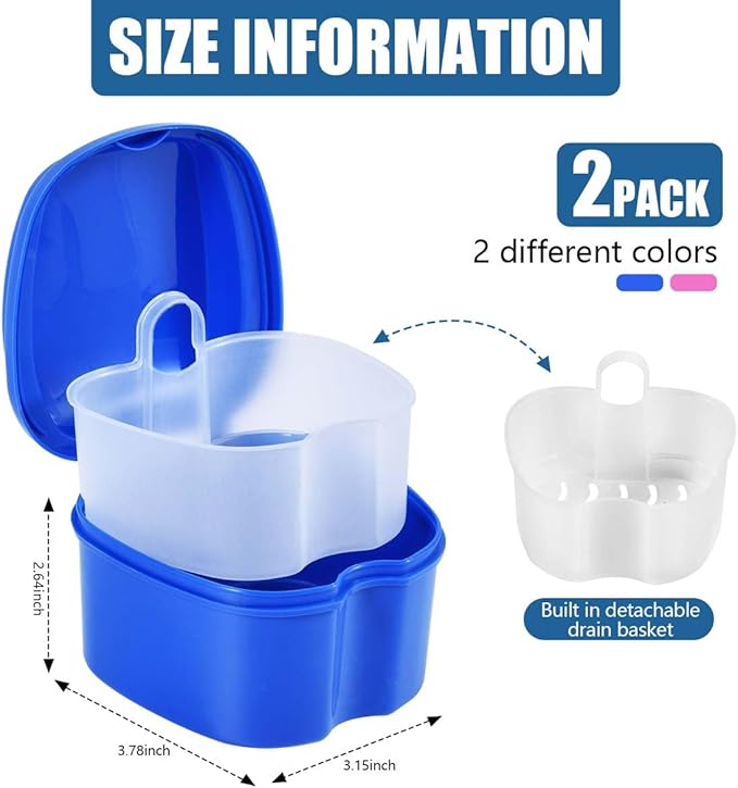 2 Pack Colors Denture Bath Case Cup Box Holder Storage Soak Container with Strainer Basket for Travel Cleaning (Blue and Pink)