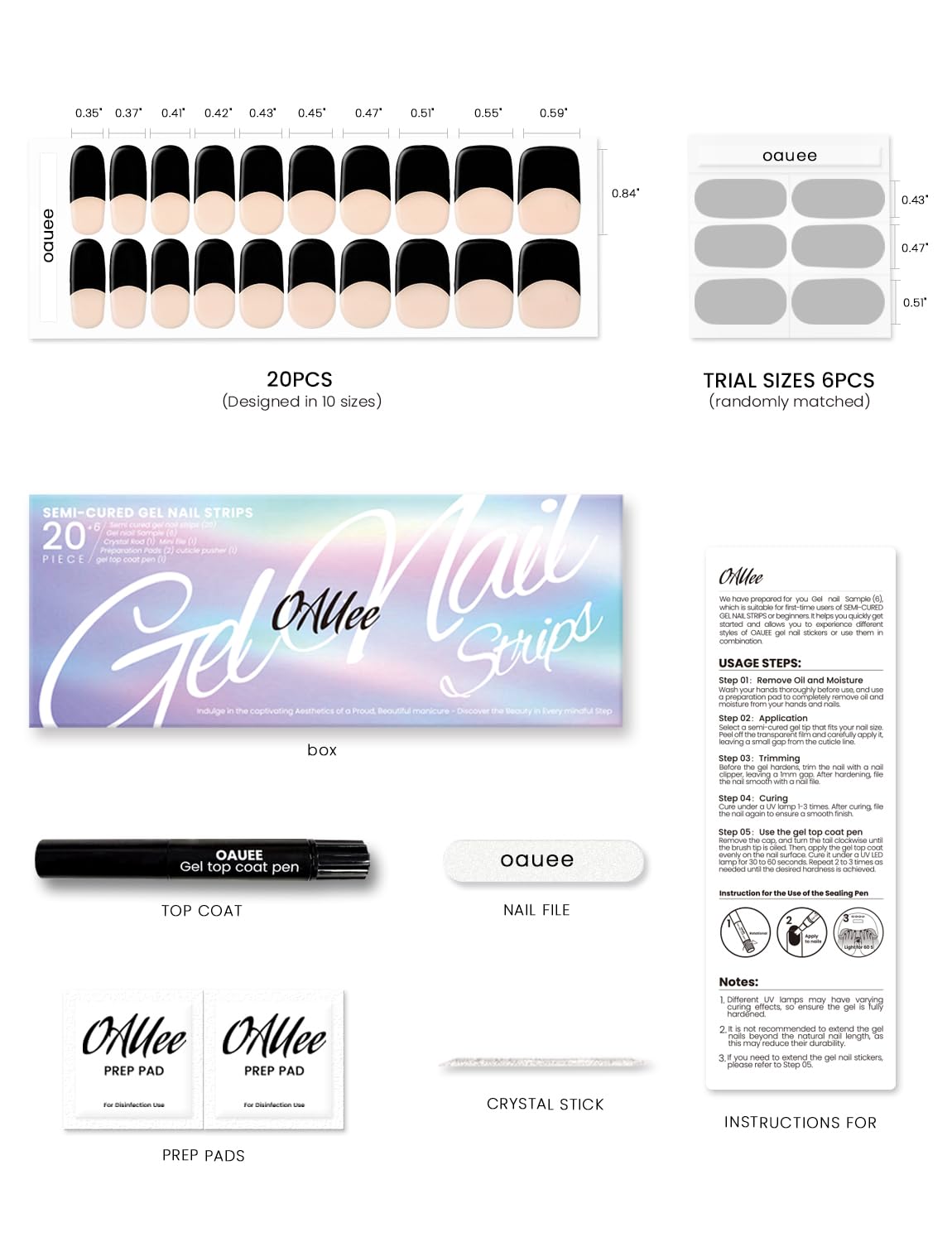 Oauee Semi Cured Gel Nail Strips | Built-In Gel Top Coat | UV Light Required | Salon Quality, Easy Application And Removal (Black French)