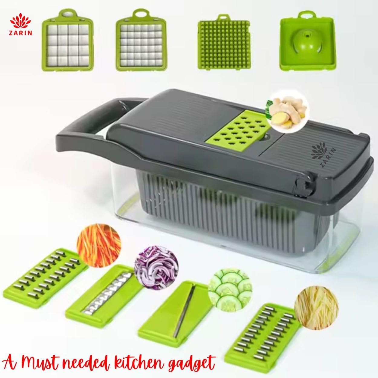 ZARIN 16‑in‑1 Vegetable Chopper & Slicer – Multi-Function Kitchen Gadget for Onions, Fruits & Vegetables – Mandoline Slicer with Interchangeable Blades for Easy Meal Prep