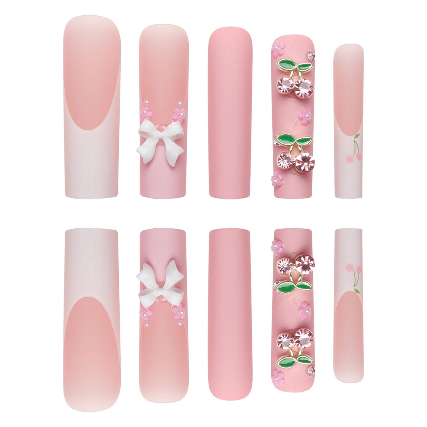 IMRAIN Press on Nails Extra Long Square Fake Nails Pink Cherry Charms False Nails with Designs French Tips Matte Full Cover Bow Flower Cute Stick on Nails for Women 24Pcs
