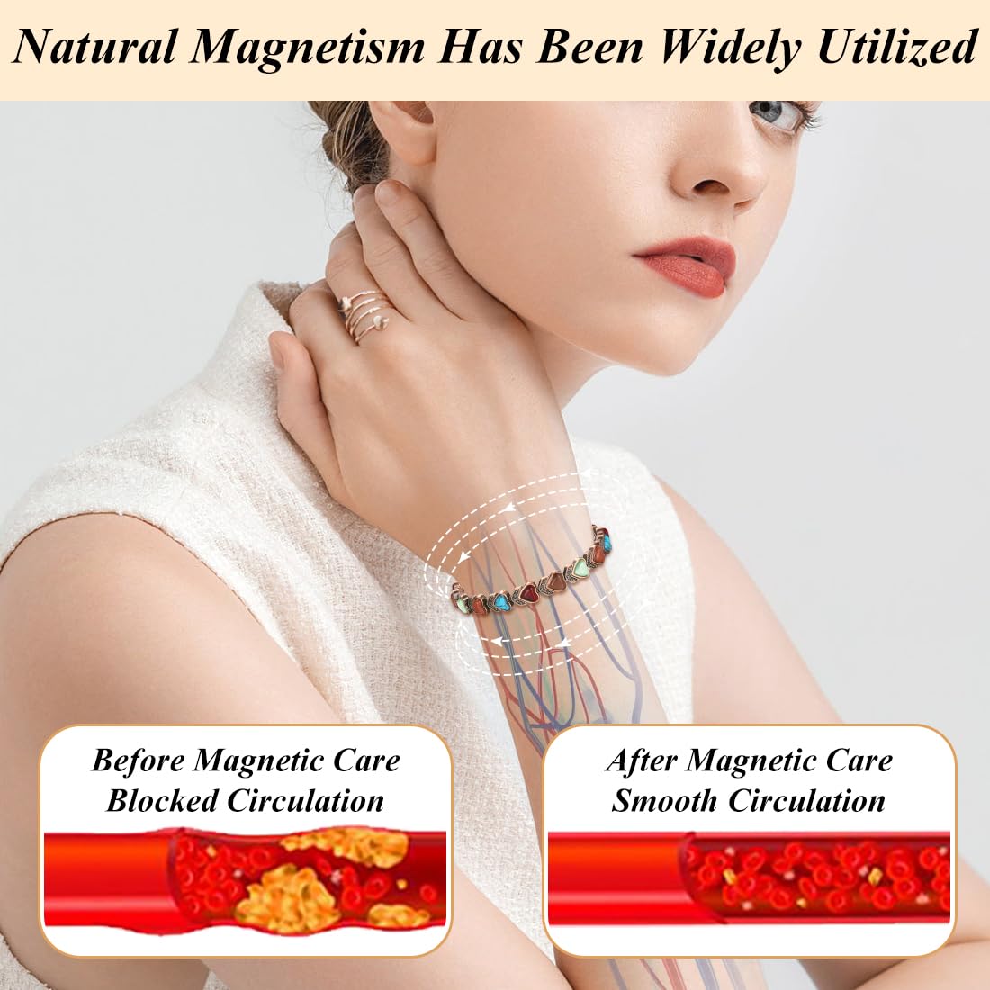Vicmag Magnetic Copper Bracelets for Women with Natural Turquoise, 3800 Gauss Magnets Adjustable Pure Copper Bracelet & Ring