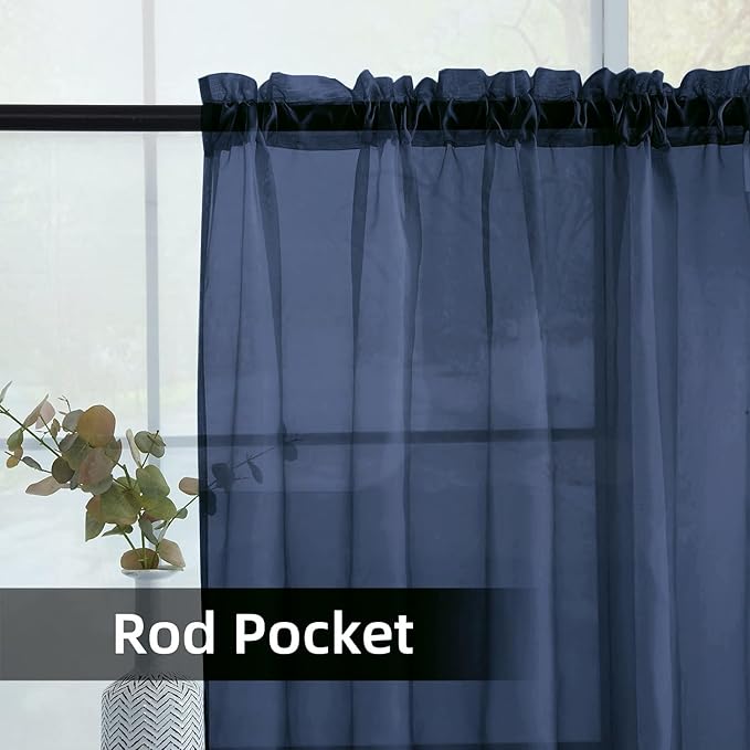 SpaceDresser Sheer Voile Window Treatment Rod Pocket Curtain Panels for Kitchen Bedroom Living Room Drapes Sunlight Filtering Privacy Semi Home Decor Assorted Colors Sizes (Navy, 52 W x 84 L)