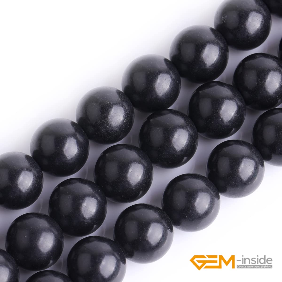 GEM-Inside 8mm Natural Black Russian Shungite Polished Round Stone Chakra Beads for Jewelry Making Full 15" Strand Power Energy Healing Stone