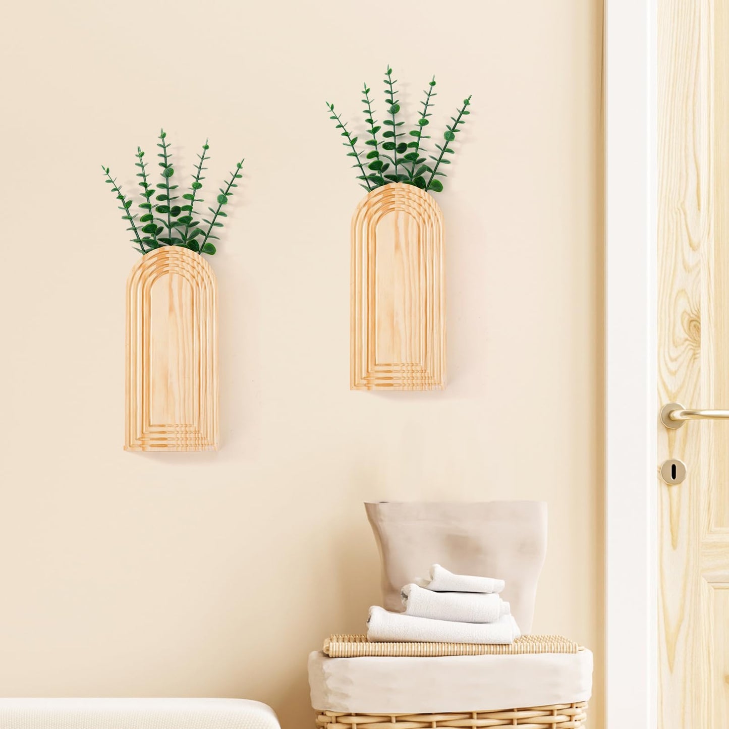 2 Pcs Wooden Wall Vase Set for Decor with 10pcs Artificial Eucalyptus Plants-Boho Hanging Planter Modern Farmhouse Wall Decor for Bathroom Living Room Dining Room Bedroom Kitchen