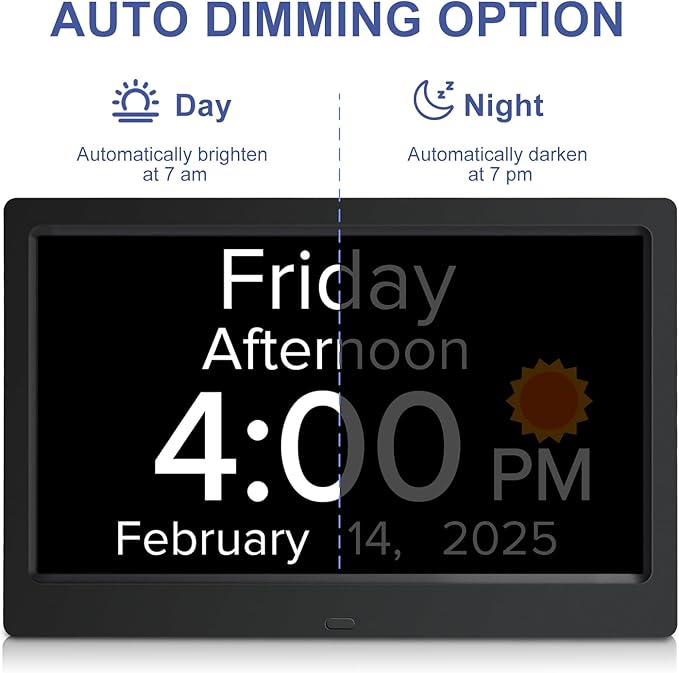 10.1 Inch Digital Alarm Clock with Date and Day of Week for Dementia Seniors, Clear Large Screen, Multiple Alarm Sets, Auto DST, Designed Specifically for Elderly - Black