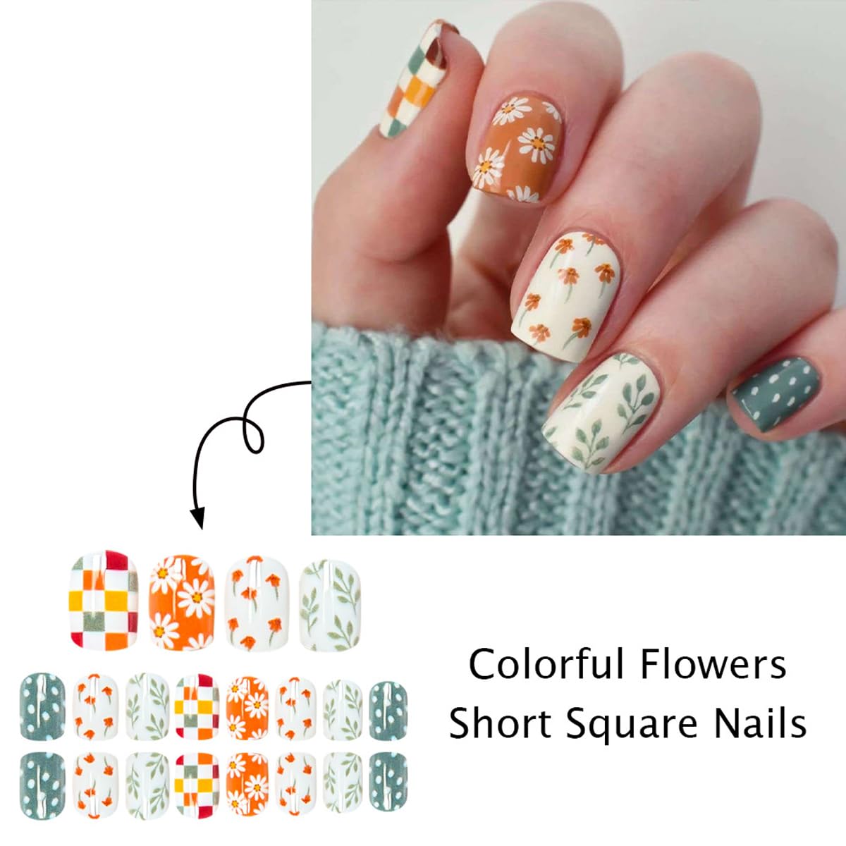 Coloful Spring Press on False Nails Polka Dot Fake Nails Short Square Glue on Nails with Flower Leaf Checkered Designs Glossy Press ons Stick on Nail for Women Manicure 24Pcs