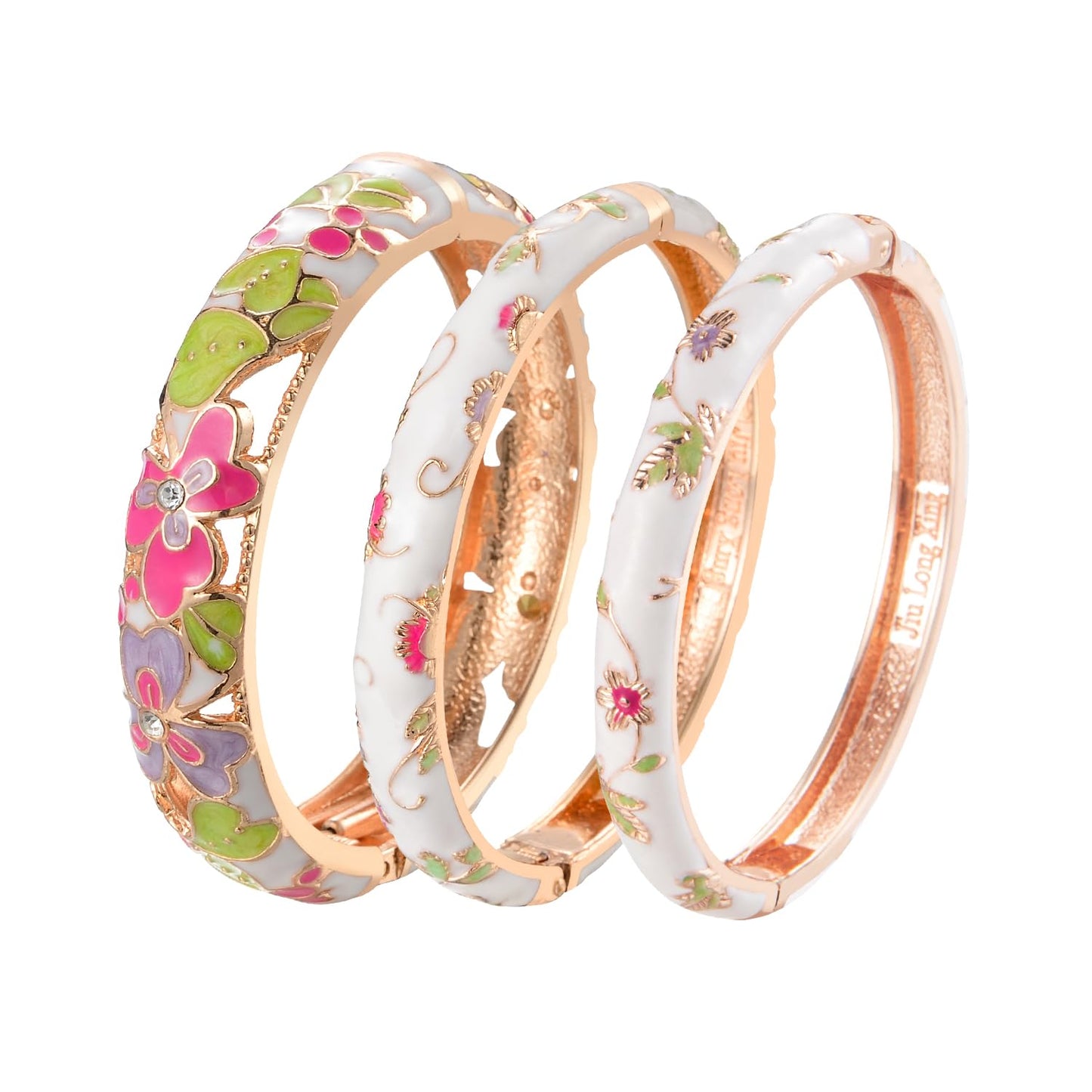 UJOY Vintage Cloisonne Bracelet Beautiful Flower Enamel Hinge Gold Plated Rose Bangles Jewelry for Women's Gifts 88A22 3pcs White