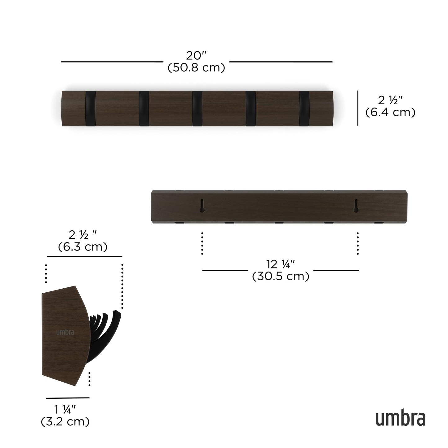 Umbra Flip Wall-Mounted Coat Rack with 5 Hooks – Modern, Space-Saving Storage for Hats, Jackets, Bags, Entryway, Mudroom, Closet, Bathroom, Bedroom – Black/Walnut