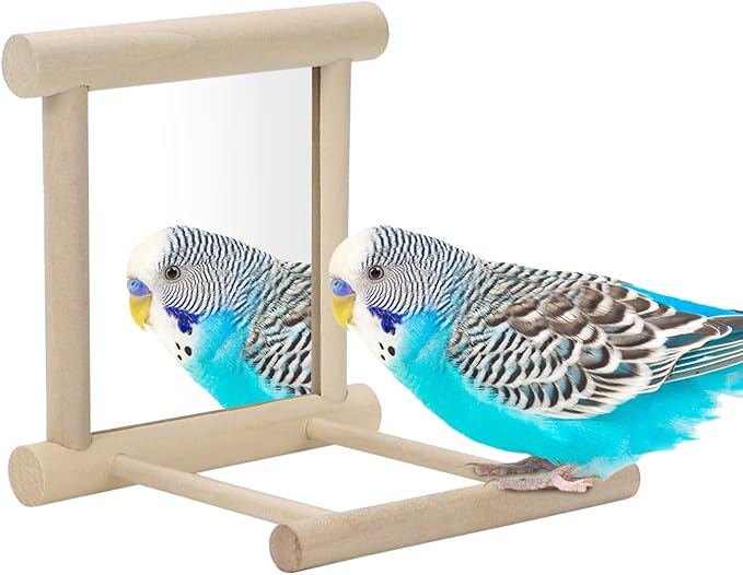 Wontee Bird Mirror with Perch for Parakeet Cage Bird Toys (2pcs-Wood Color)