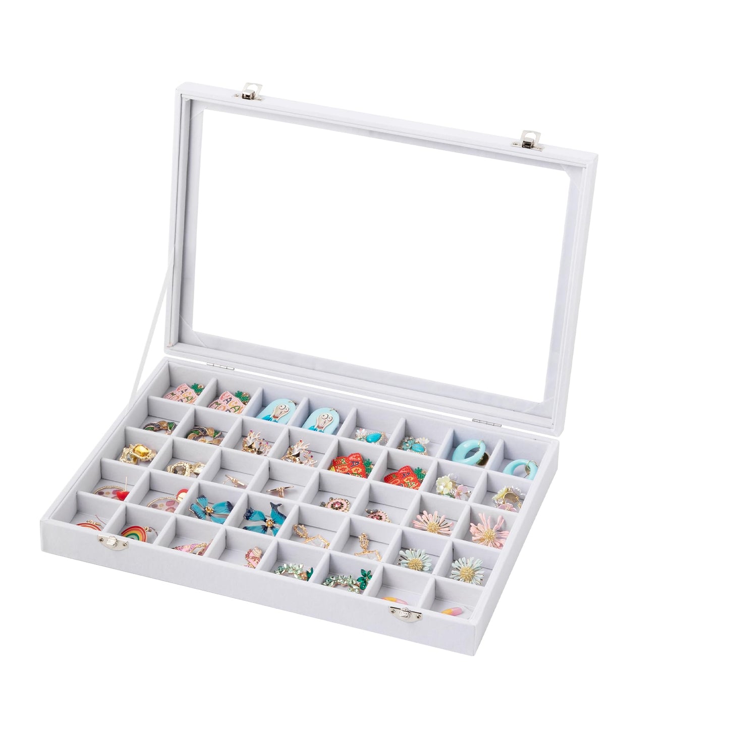 Frebeauty 40 Grid Jewelry Tray,Adjustable Earring Holder Organizer with Glass Lid,Velvet Drawer Jewelry Organizer for Rings,Studs,13.8 x 9.5 x 2 Inches Jewelry Display Box,Gift for Women(White)