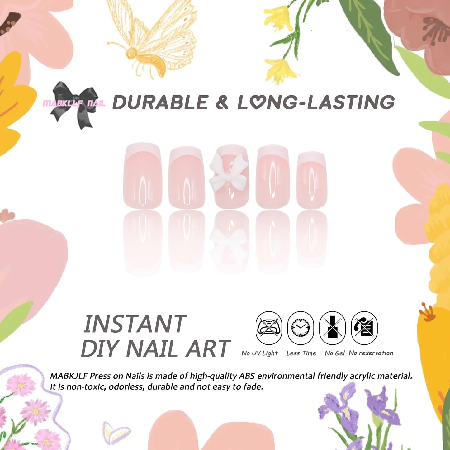 Press on Nails Short Square MABKJLF White French Tip Fake Nails False Nails with Designs Bow Charm Glossy Glue on Nails Stick on Nails Acrylic Nails for Women Girls 24 Pcs