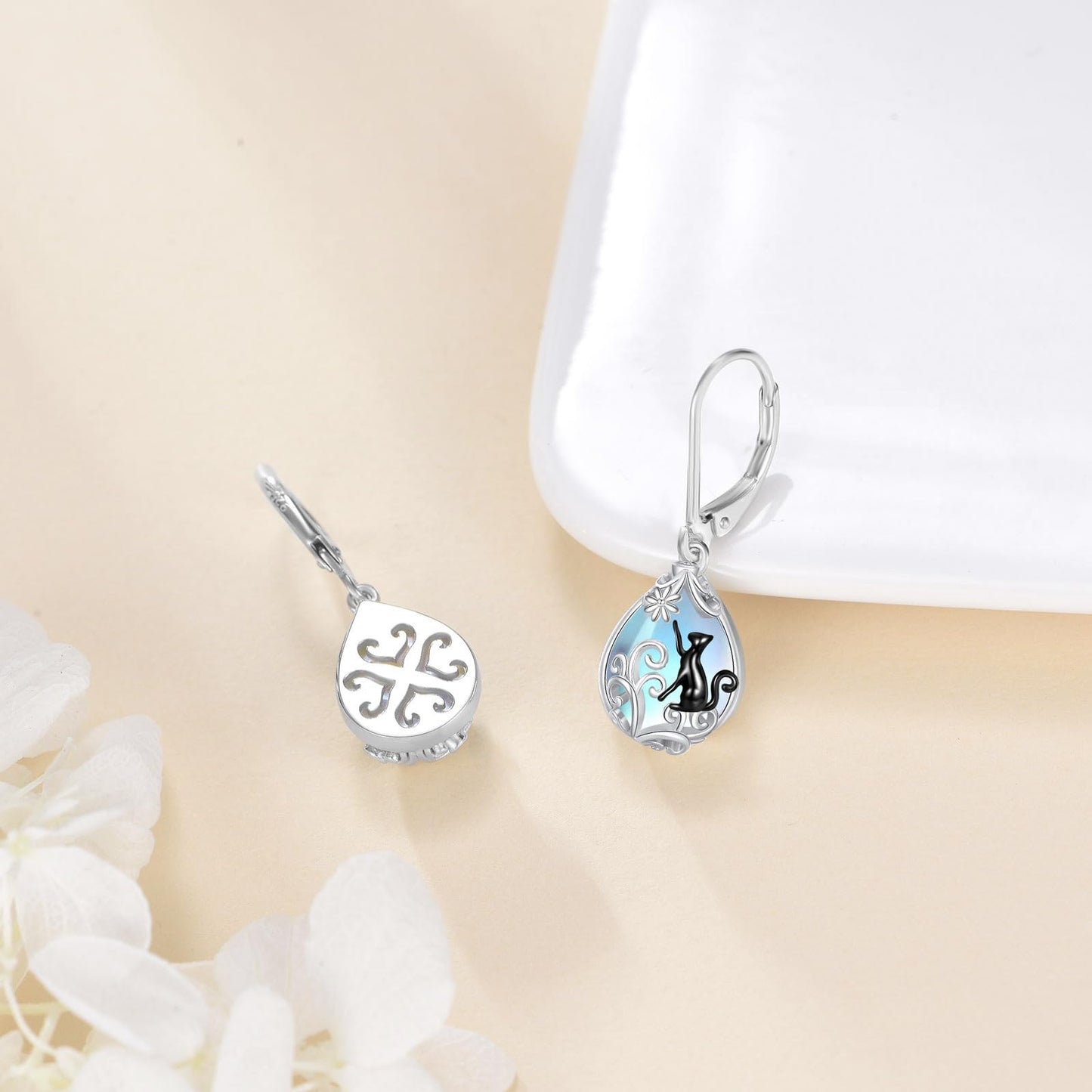 POPLYKE Moonstone Cat Teardrop Drop Dangle Earrings Sterling Silver Leverback Earrings Moonstone Jewelry Gifts for Women