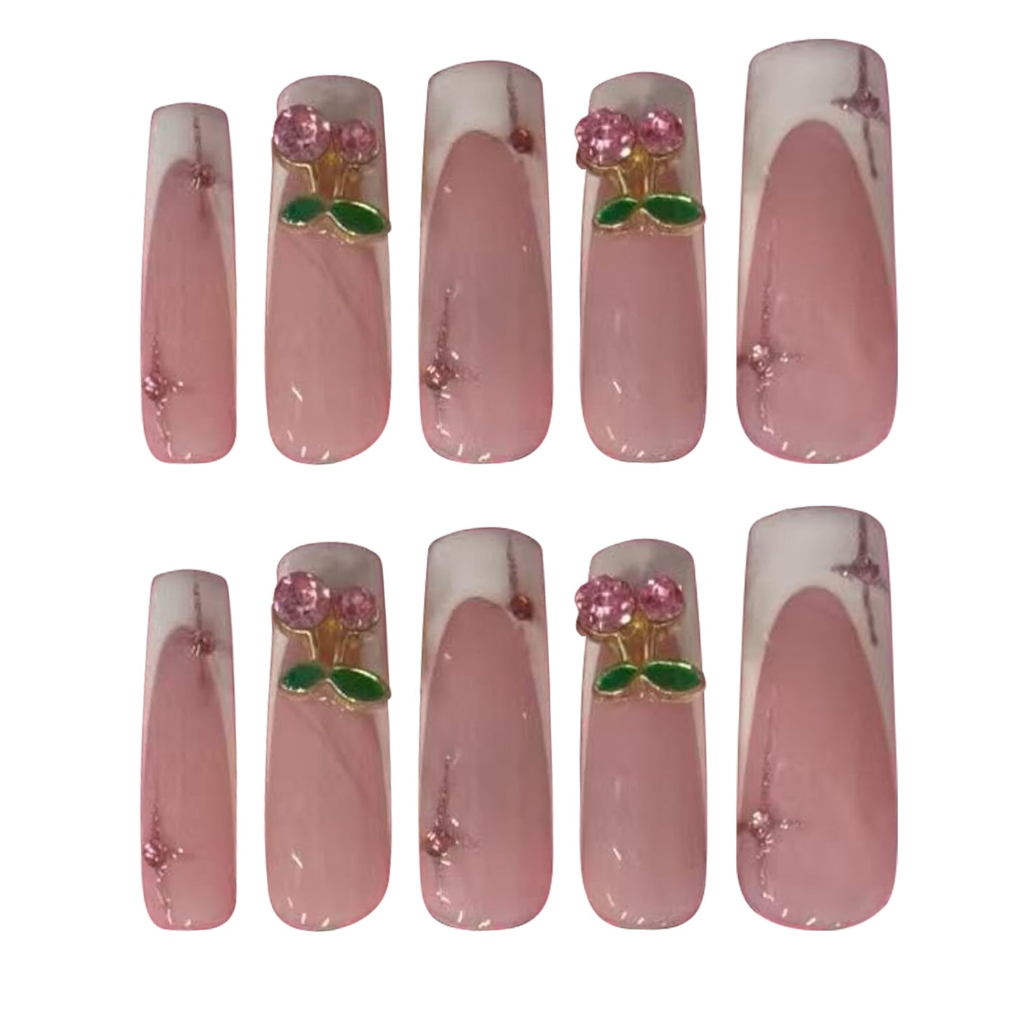 Pinktlicious Pink French Tip Press On Nails - Long Coffin Reusable False Nails with Cherry Rhinestones, Glue-On Artificial Nails for Women’s Daily & Party Manicure (L)