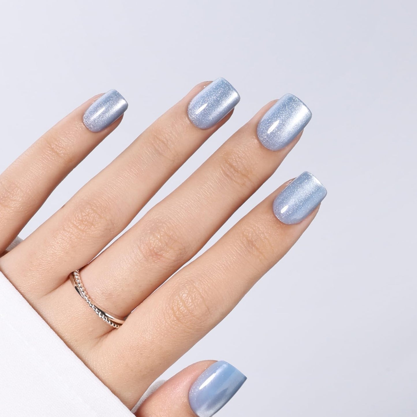 Blue Cat Eye Press on Nails - Short Square Blue Nails Press ons for Women, Reusable Glossy Fake Nails Kit with Glue, 30 Pieces in 15 Sizes