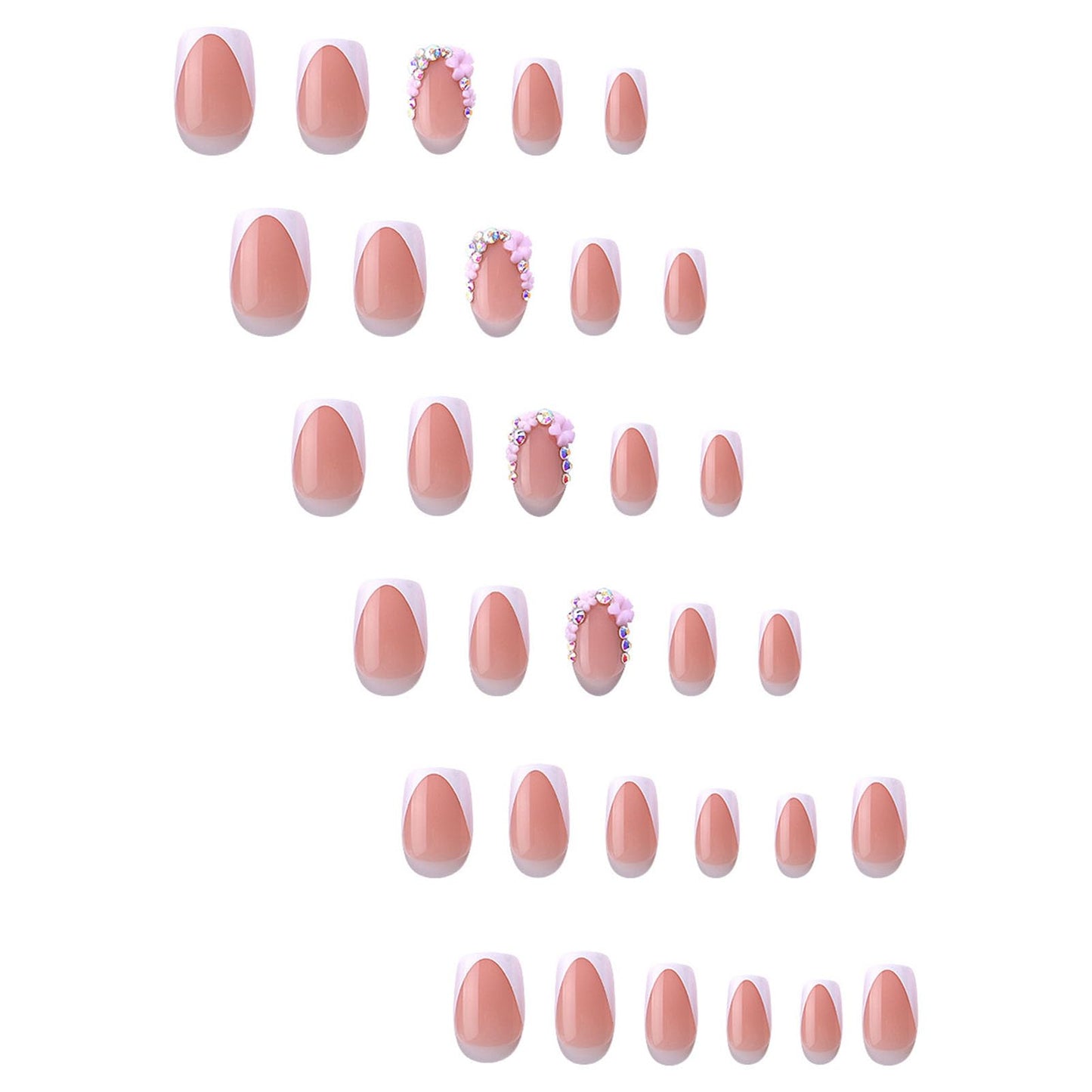WAFOLOZE White French Tip Press On Nails - Short Square Fake Nails With Rhinestone & Flower Designs, 16 Sizes - 32pc False Nails Tips Kit, Stick On Nails