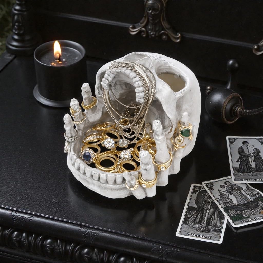Resin Skull Shaped Jewelry Holder for Ring & Charm, Gothic Skull Decorative Storage for Earring Trinket, White Dark Aesthetic Halloween Decor, Shelf Display Gift for Bedroom, Living Room Home Office