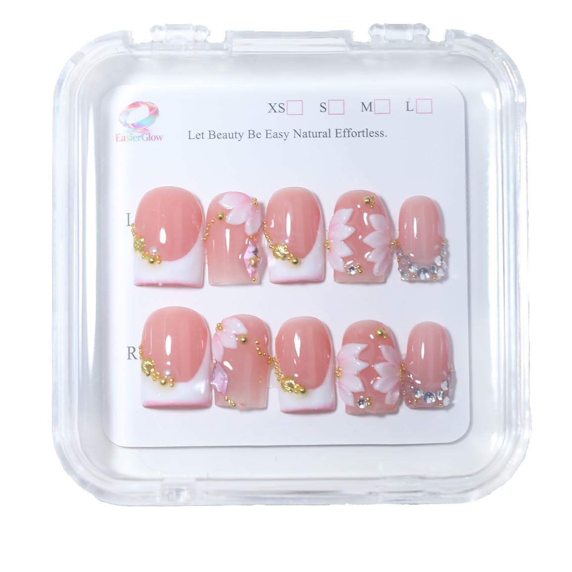 10Pcs Short Square Handmade Press On Nails | Easy Apply & Remove, Reusable Salon Quality Nails | Elegant Blush Pink Fake Nails with 3D Sakura Flower, Gold Seashell & Rhinestone Accents (O912, S)