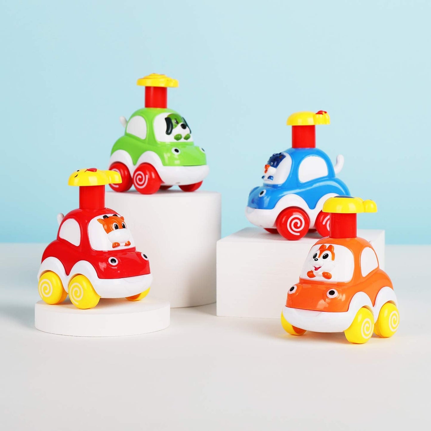 ALASOU 4 PCS Animal Car Toys and 3 PCS Suction Cup Rotating Toys for Infant and Toddlers