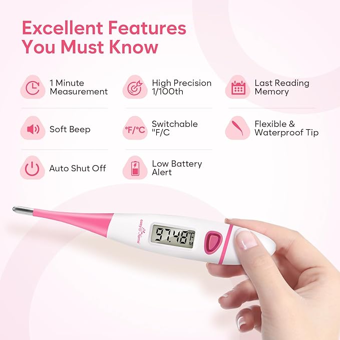 Easy@Home 25 Pack Ovulation Test Strips + Basal Body Thermometer EBT-018 Pink