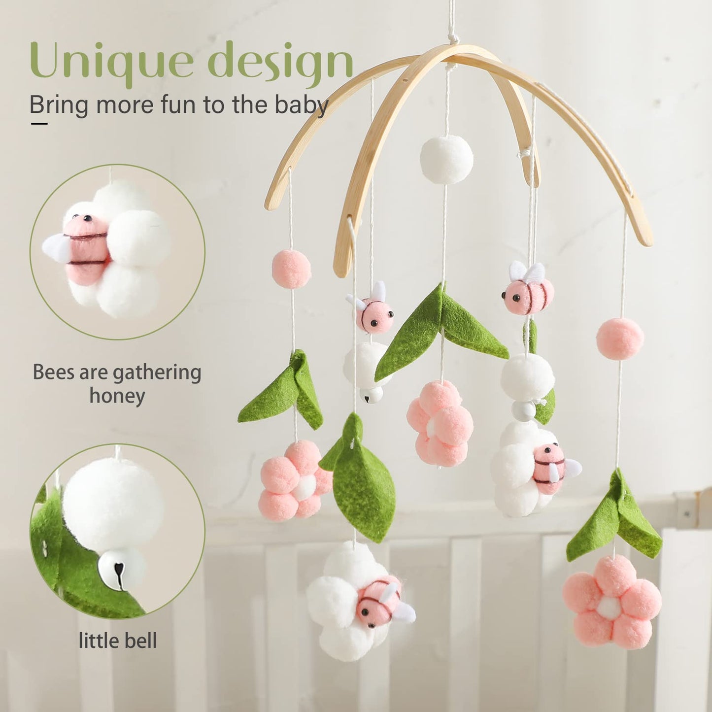 Wooden Wind Chime Bed Bell Crib Mobile, Neutral Pink Bee Baby Ceiling Mobile