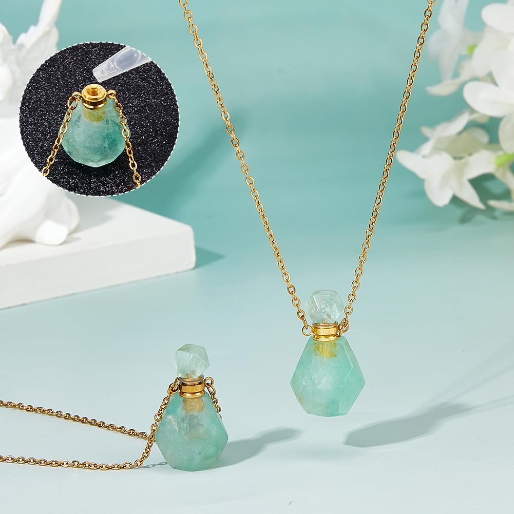 SUPERFINDINGS 2Pcs Perfume Bottle Necklace Essential Oil Diffuser Necklace Green Natural Fluorite Perfume Bottle Pendant with 304 Stainless Steel Chain Gemstone Vial Pendant for Woman Men